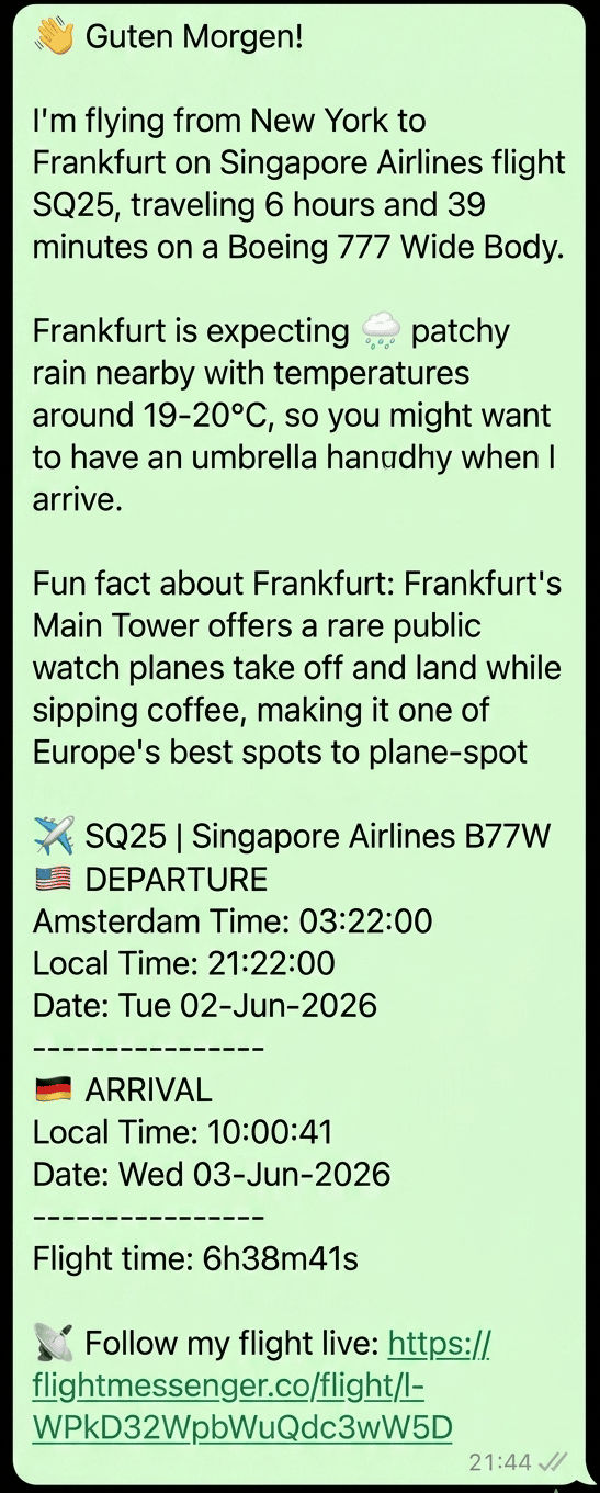 A FlightMessenger message listing departure and arrival times in the local time of each airport