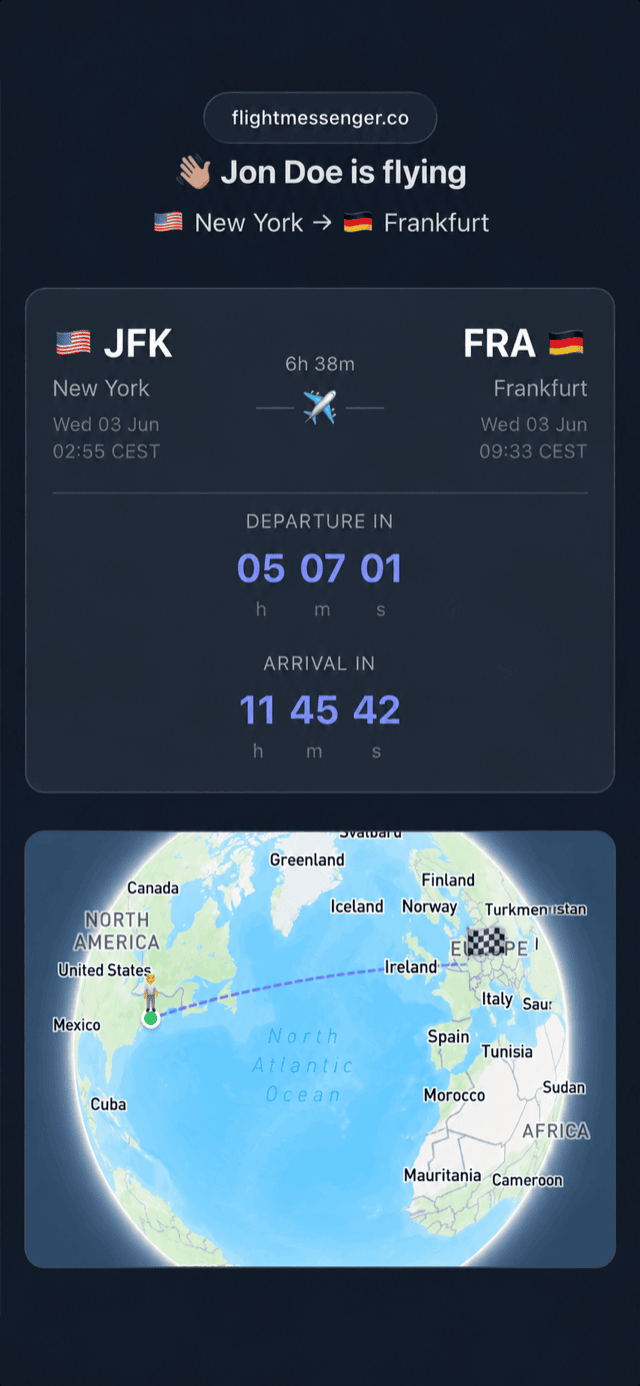 A FlightMessenger live tracking page open in a phone browser, with status, countdowns and a globe